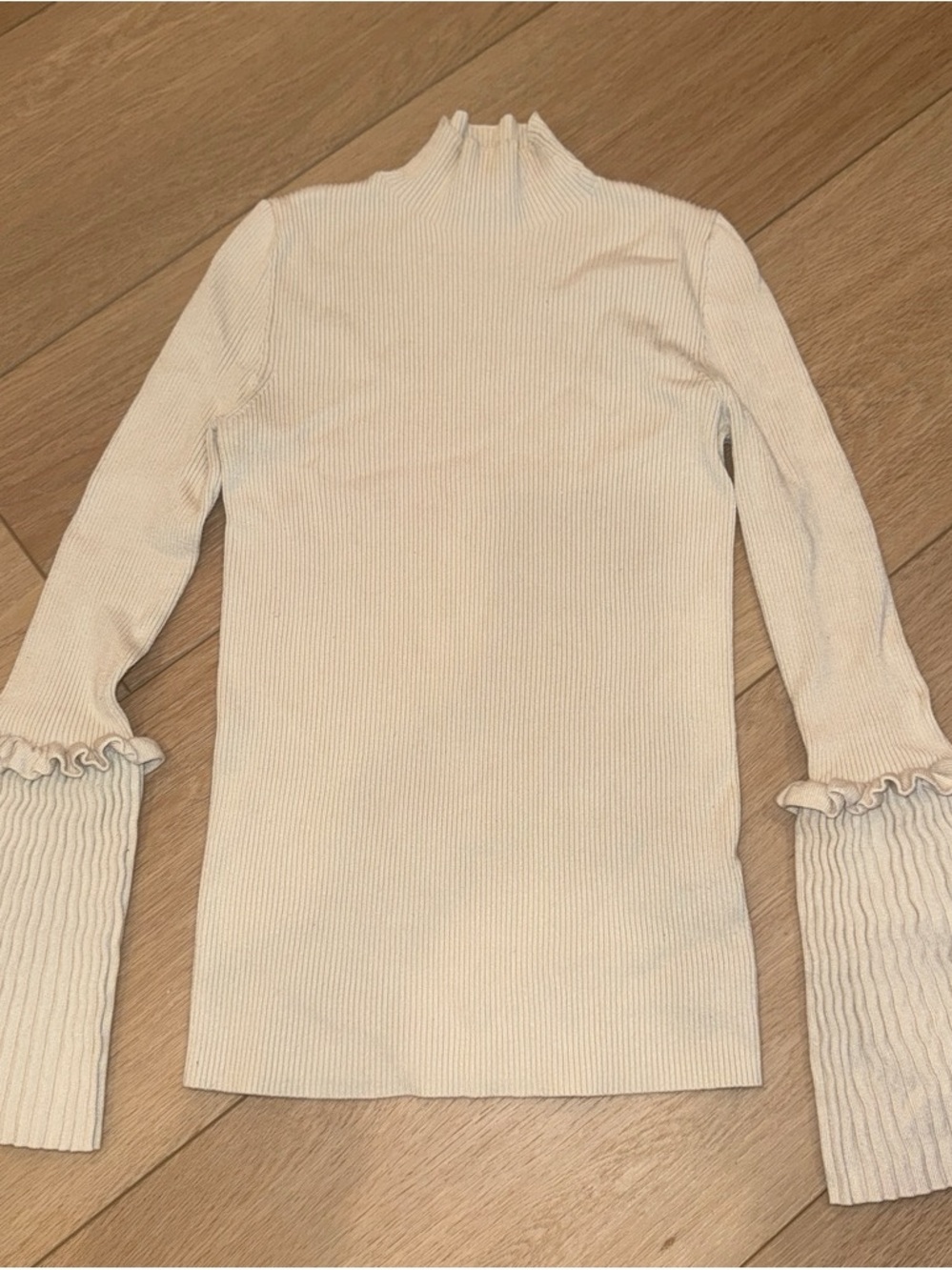 Philosophy Cream Ribbed Mock Neck Top with Ruffle Cuffs